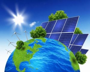 cartoon vector of the earth surrounded by solar panels and trees